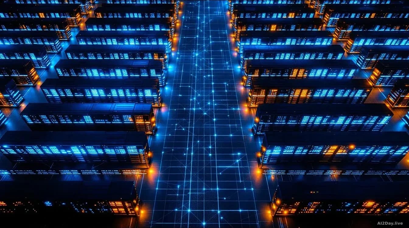 Aerial top-down view of a dense server farm at night, rows of glowing blue and amber rack lights stretching to the edges of the frame, subtle geometric network