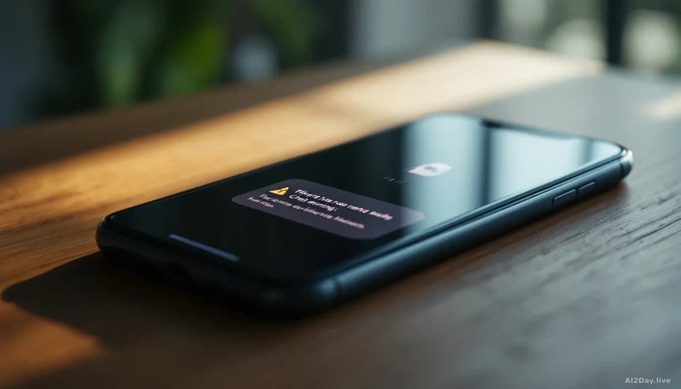 A smartphone resting on a wooden table, its screen glowing with a blurred chat message interface showing a generic warning symbol, soft natural window light cas