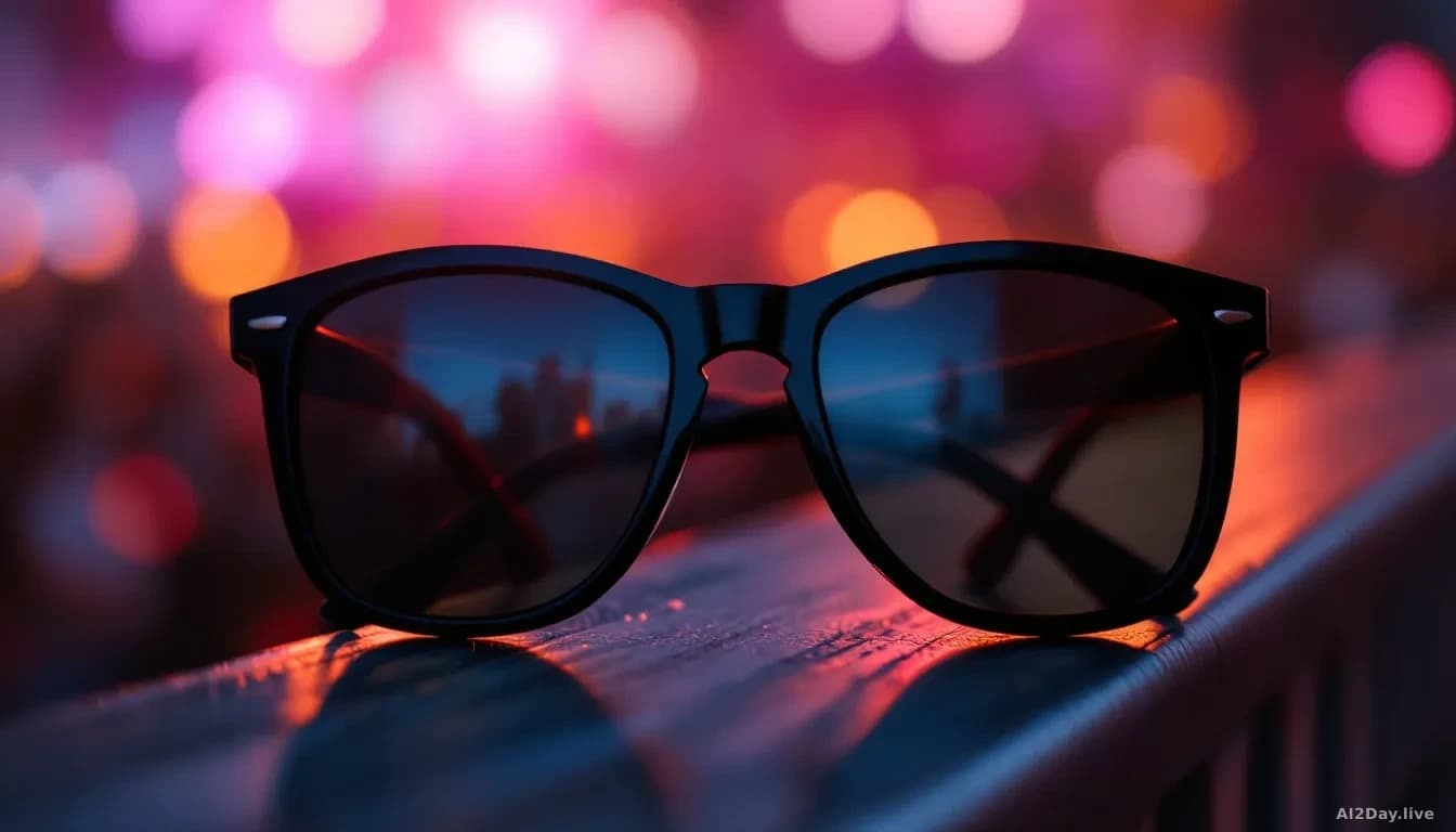 A pair of sleek, modern sunglasses resting on a concert barrier fence under warm stage lighting, crowd lights blurred in the background, photoreal news-editoria