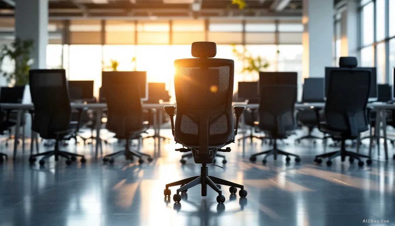 A tidy open-plan office photographed from a low angle, rows of empty ergonomic chairs and dark computer monitors in the foreground, warm afternoon light falling