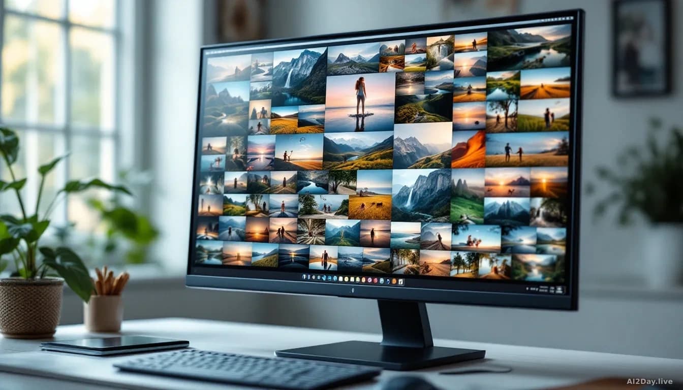 A modern desktop computer monitor displaying a dense, colourful grid of lifestyle and nature photographs arranged in a scrollable mosaic, soft natural light fro