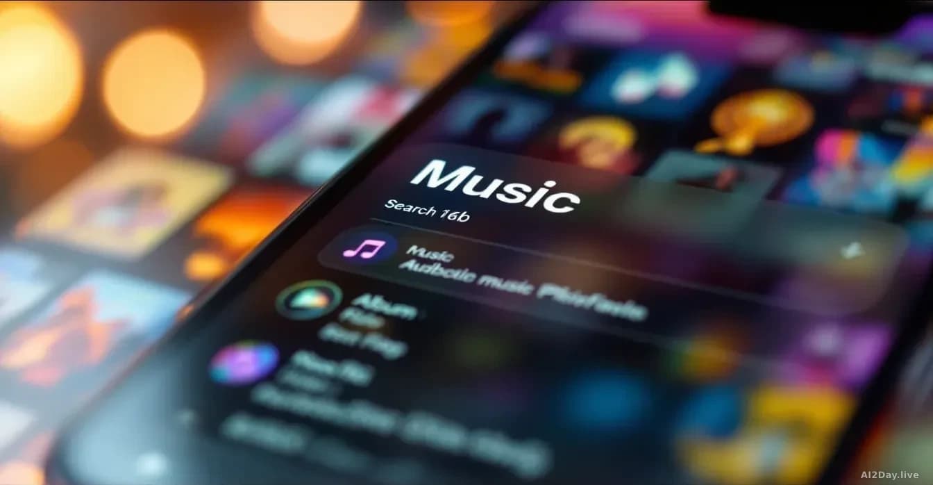 Extreme close-up of a smartphone screen showing a music search bar with partially typed, misspelled text in mixed scripts including Latin and non-Latin characte