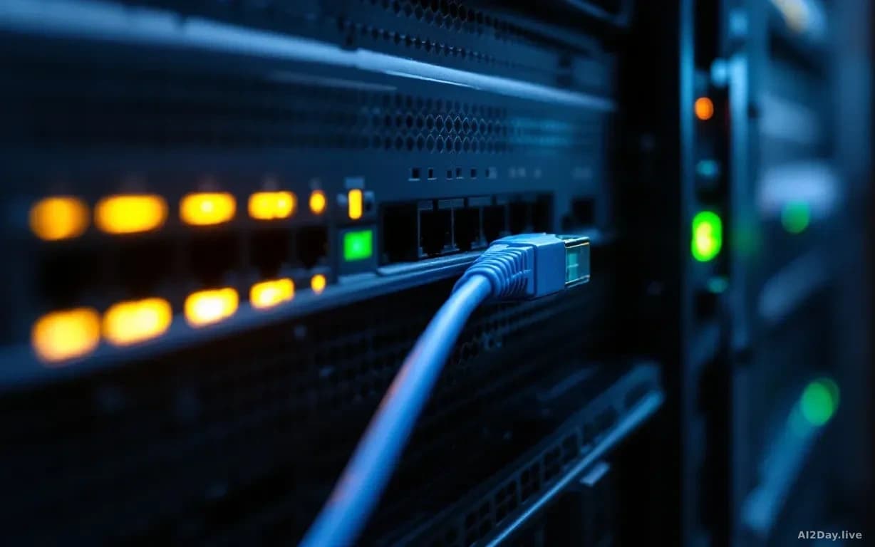 Illustration: A physical network cable being unplugged from a server rack in a dimly lit data centre