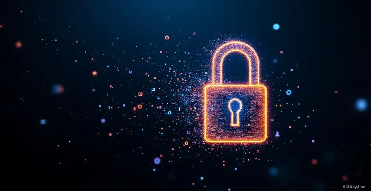 Illustration: A glowing digital padlock dissolving into floating data fragments against a deep blue-black background
