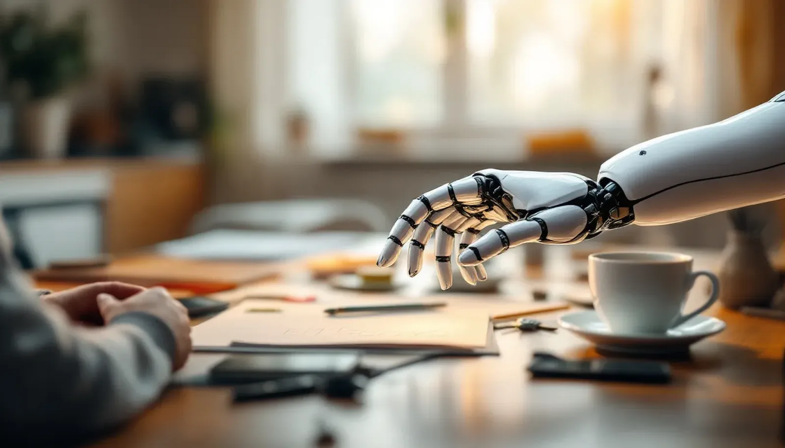 A human hand and a white robotic hand nearly touching above a kitchen table scattered with everyday objects