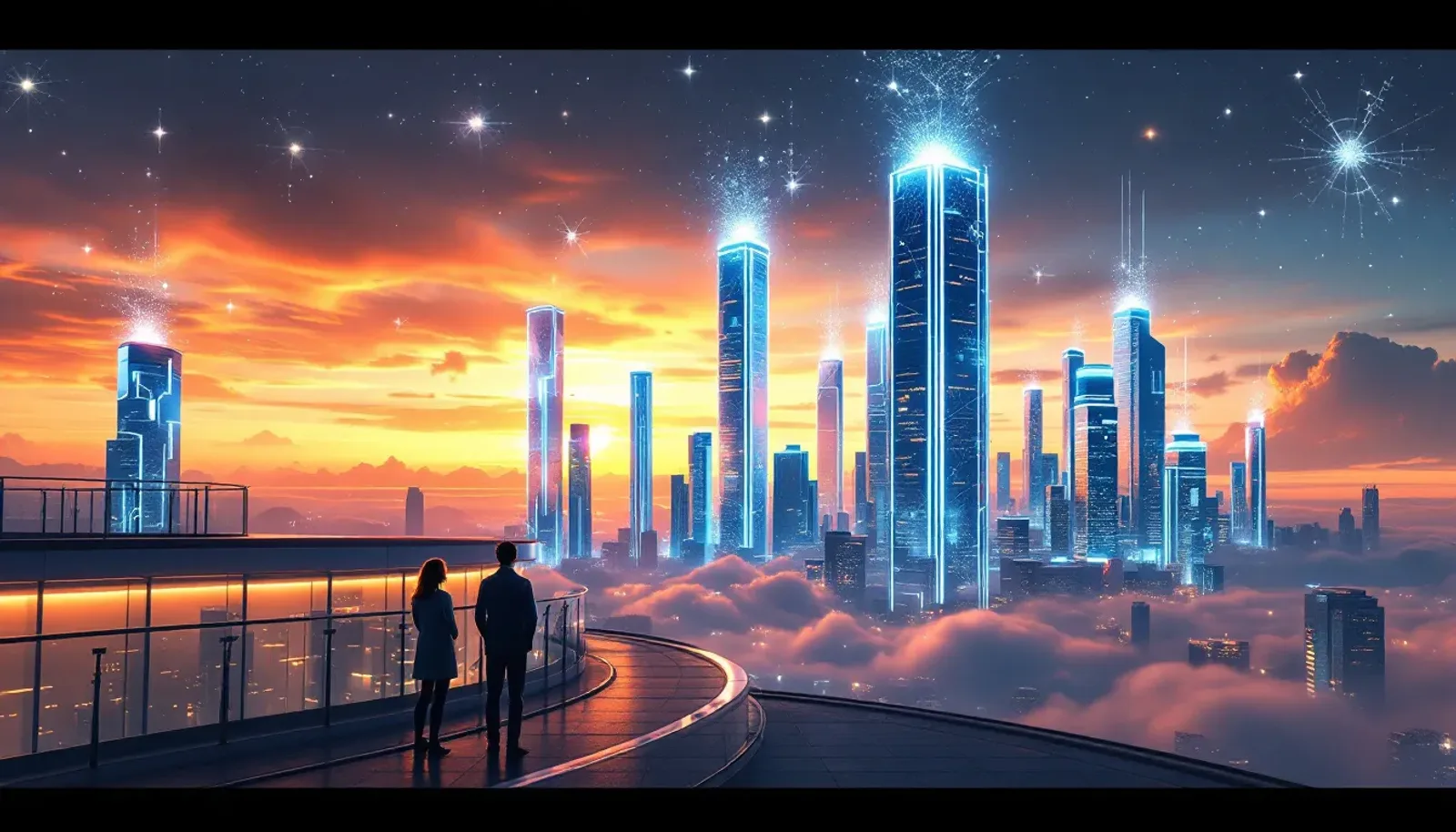 Researchers on a walkway watch holographic neural networks rise over a research campus at dawn