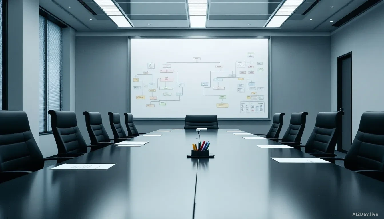 A large, empty corporate conference room with a long dark table, scattered printed documents, dry-erase markers, and a whiteboard covered in flow diagrams and c
