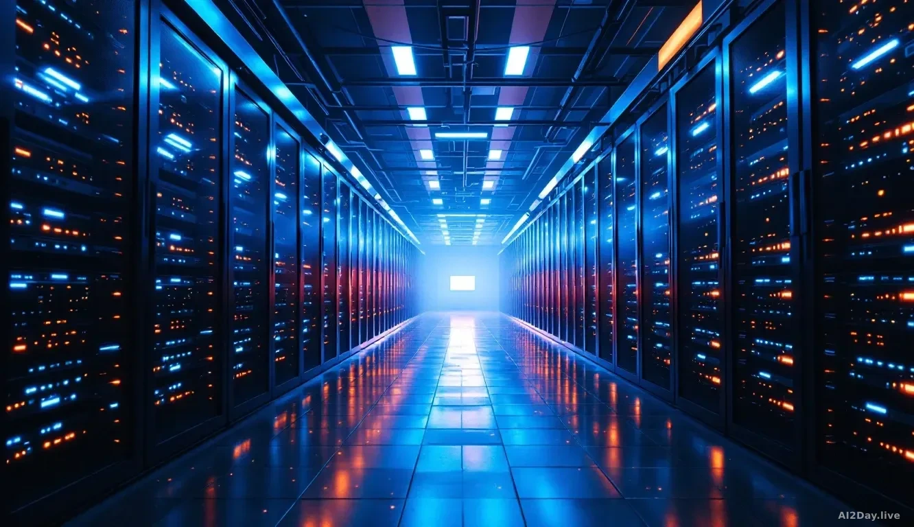 A vast server room with long rows of blinking rack-mounted servers receding into the distance, dimly lit in cool blue and amber tones, cables running overhead i