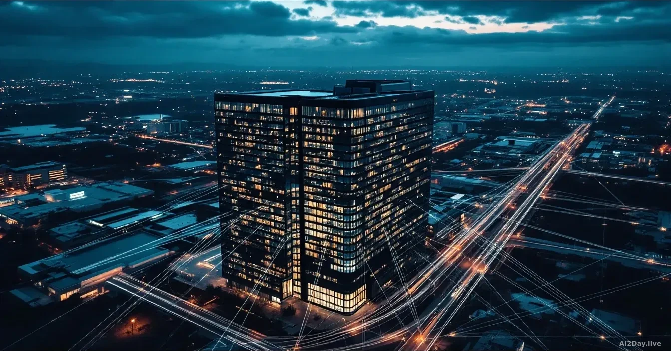 Aerial 16:9 view of a large modern glass office complex at dusk, lights glowing from within, surrounded by a network of faintly glowing lines radiating outward