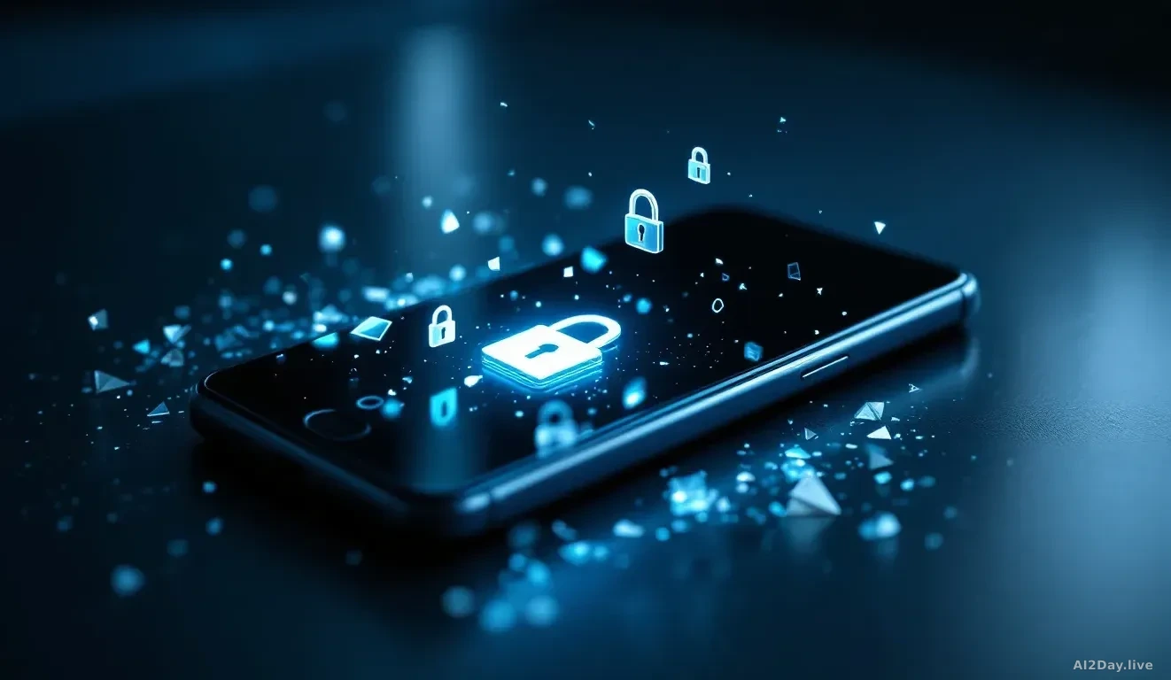 Photoreal news-editorial 16:9 image of a modern smartphone lying face-up on a polished dark surface, its screen casting a faint glow upward, surrounded by trans