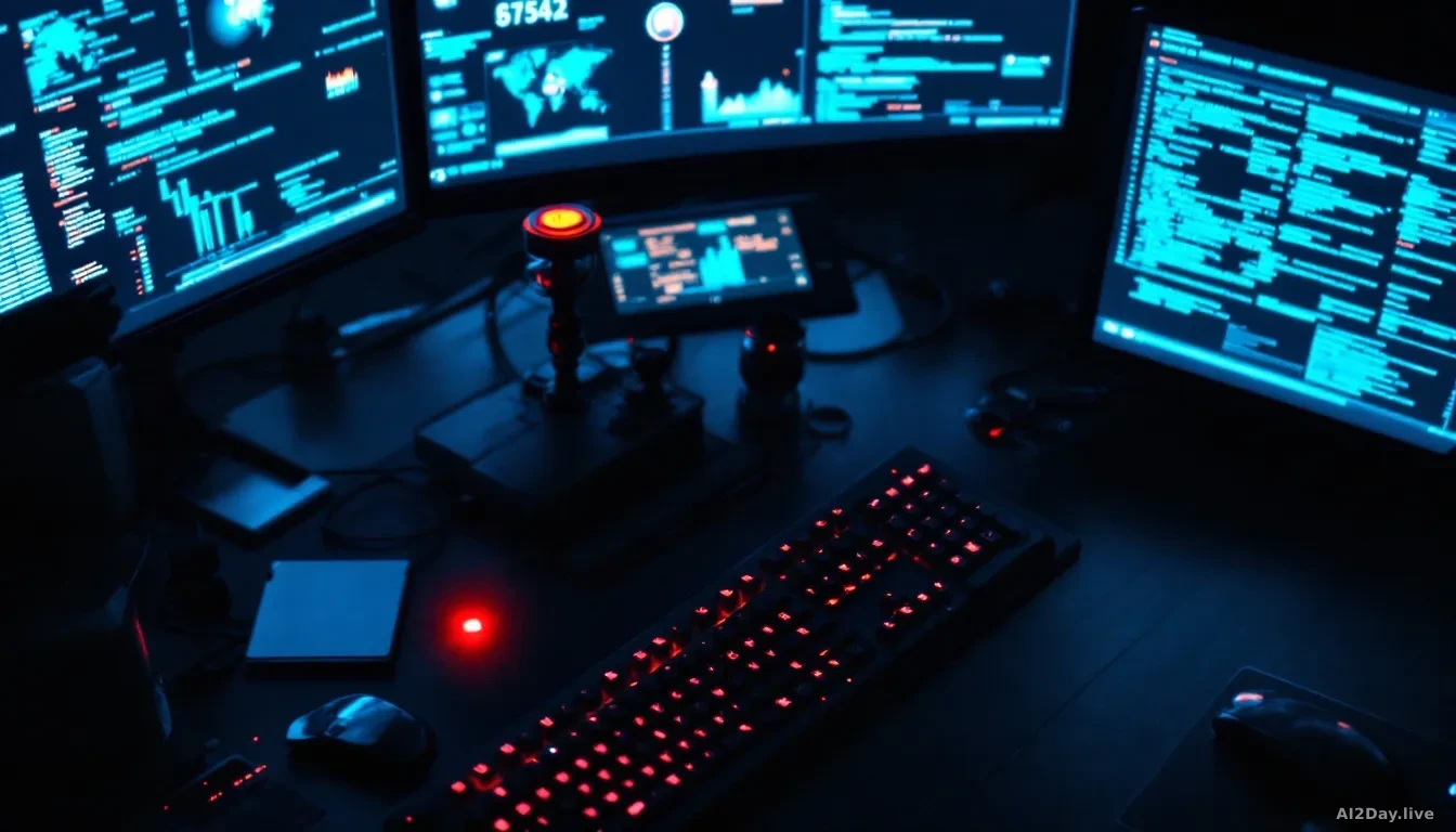 Photoreal news-editorial overhead shot of a darkened security operations center desk, multiple monitors glowing blue with abstract vulnerability dashboards and