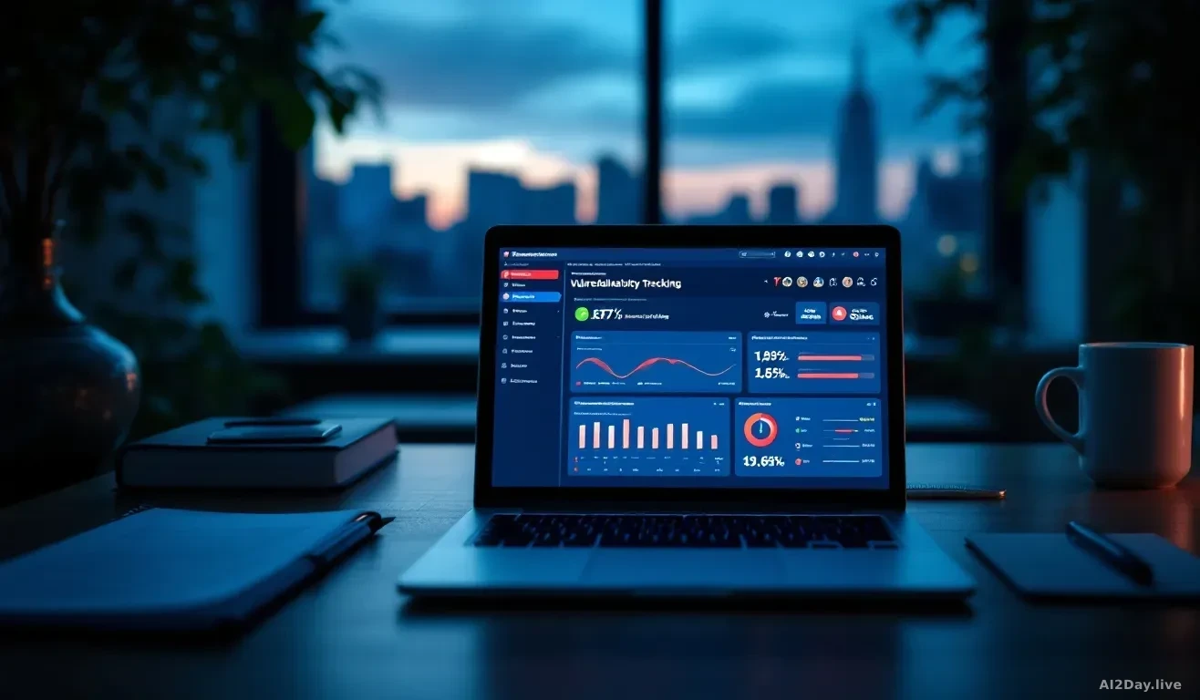 Photoreal news-editorial overhead shot of a federal government office desk at dusk, an open laptop displaying a generic vulnerability tracking dashboard with re