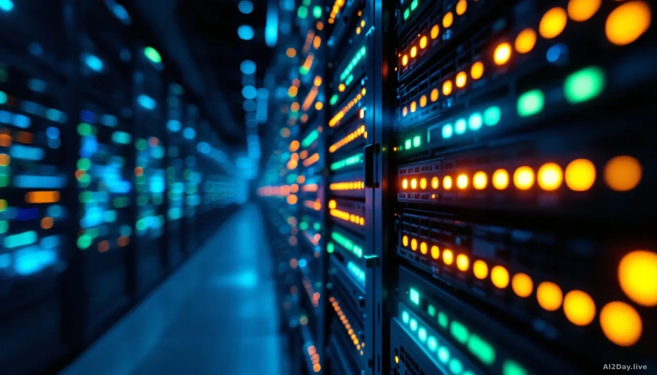 Extreme close-up of a glowing digital server rack in a dark data center, rows of blinking amber and green status lights stretching into deep focus, cool blue am