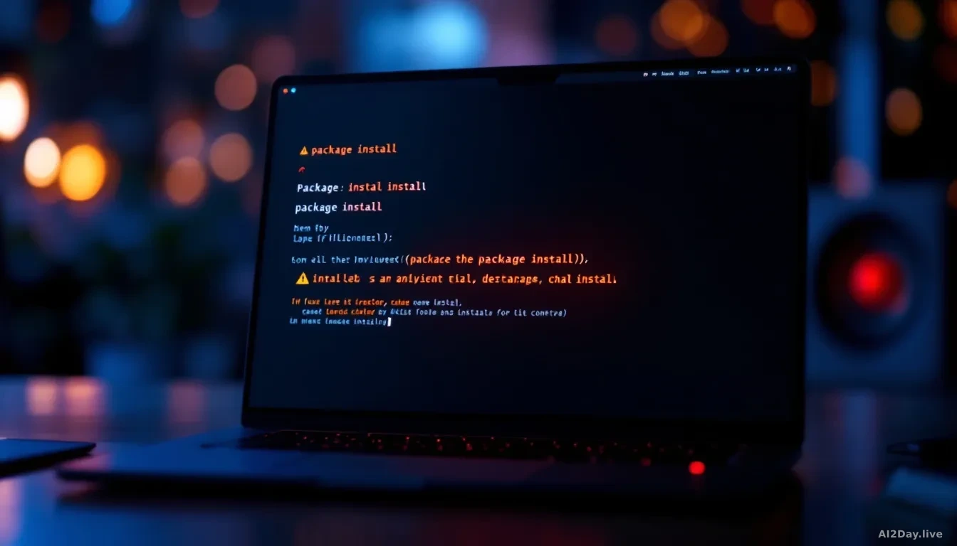 Photoreal editorial shot of a developer's dark-themed terminal window filling the entire frame, showing a paused package install with a warning glyph, faint red
