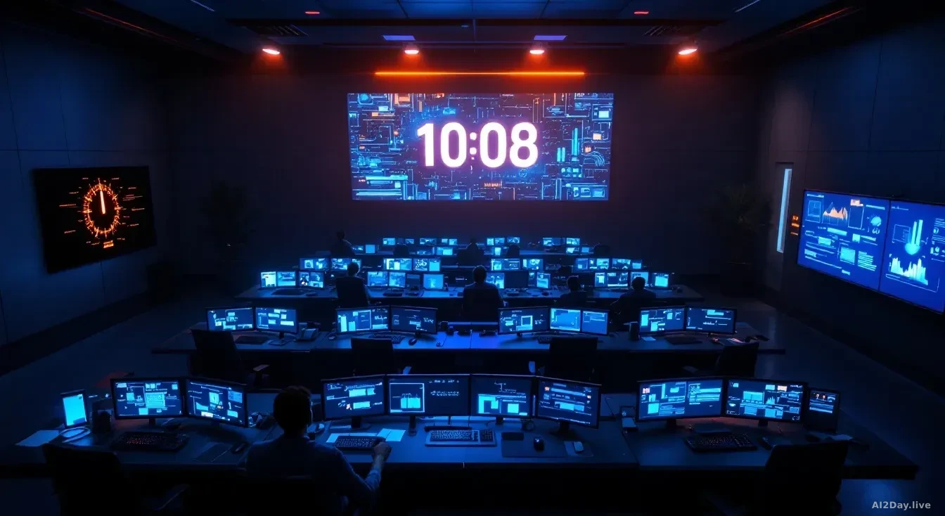 Full-frame edge-to-edge photoreal overhead view of an empty modern security operations center at night, multiple dark monitors glowing faint blue with abstract
