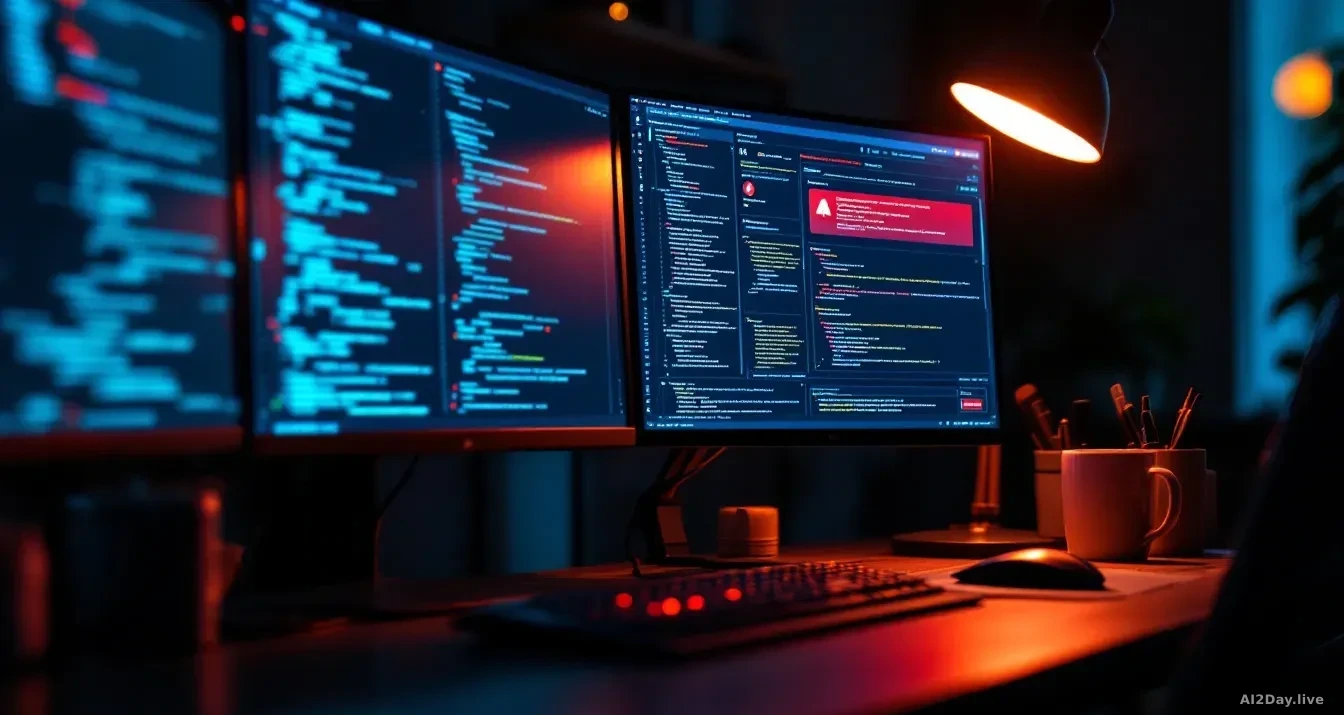 Full-frame photoreal editorial shot of a developer workstation at night, multiple monitors showing abstract code and an error-tracking dashboard with blurred un