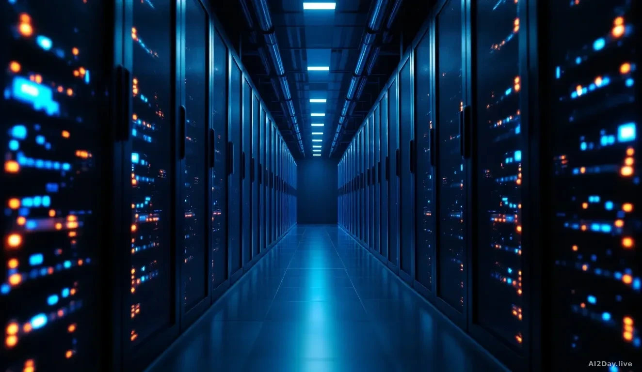 Full-frame photoreal editorial shot of a modern server room aisle at night, rows of dark racks with soft blue and amber status lights receding into the distance