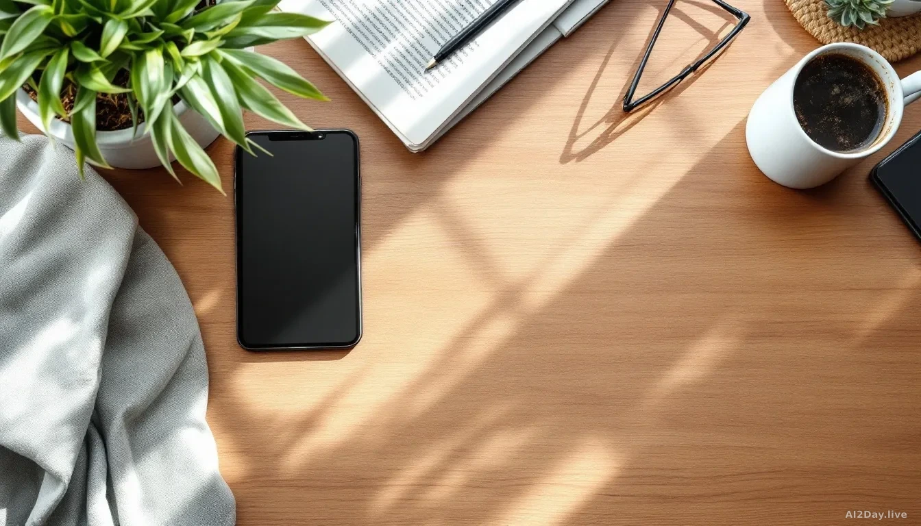 A modern kitchen table viewed from above, 16:9 framing, with a smartphone, a tablet, and a pair of reading glasses resting side by side, soft natural morning li