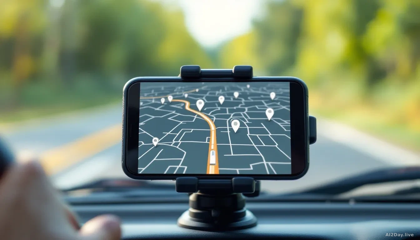 A close-up, top-down view of a smartphone mounted on a car dashboard showing a glowing navigation map with route lines and location pins, soft natural daylight