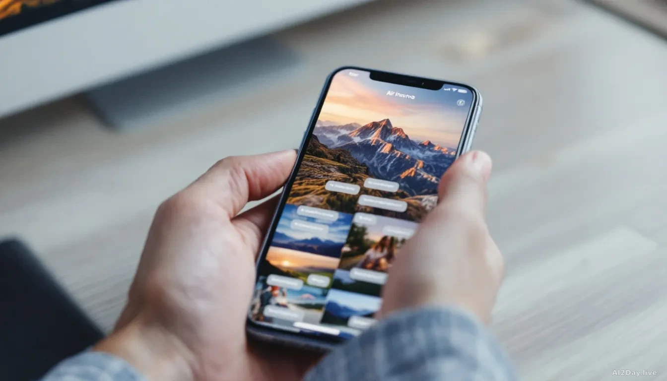 A smartphone screen displaying a social media feed filled with a mix of photorealistic AI-generated landscape images and ordinary photos, with small translucent