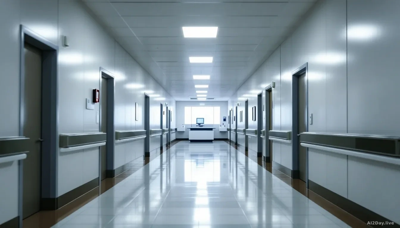 A long, empty hospital corridor with fluorescent overhead lighting casting a cool white glow on polished linoleum floors, a nursing station desk visible in the 