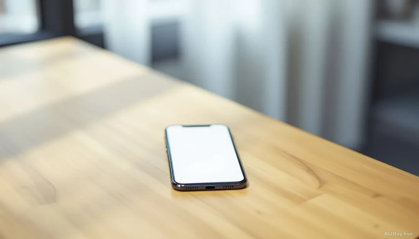 A single smartphone resting face-up on a plain wooden table in soft natural window light, its screen glowing with a simple chat interface showing only abstract