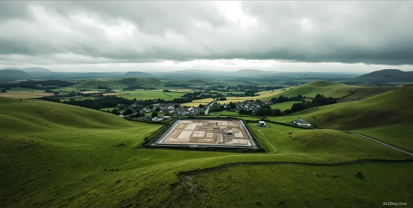 Aerial 16:9 photograph of a vast, empty rural Scottish landscape with rolling green hills and overcast skies, a cleared flat construction site visible in the mi