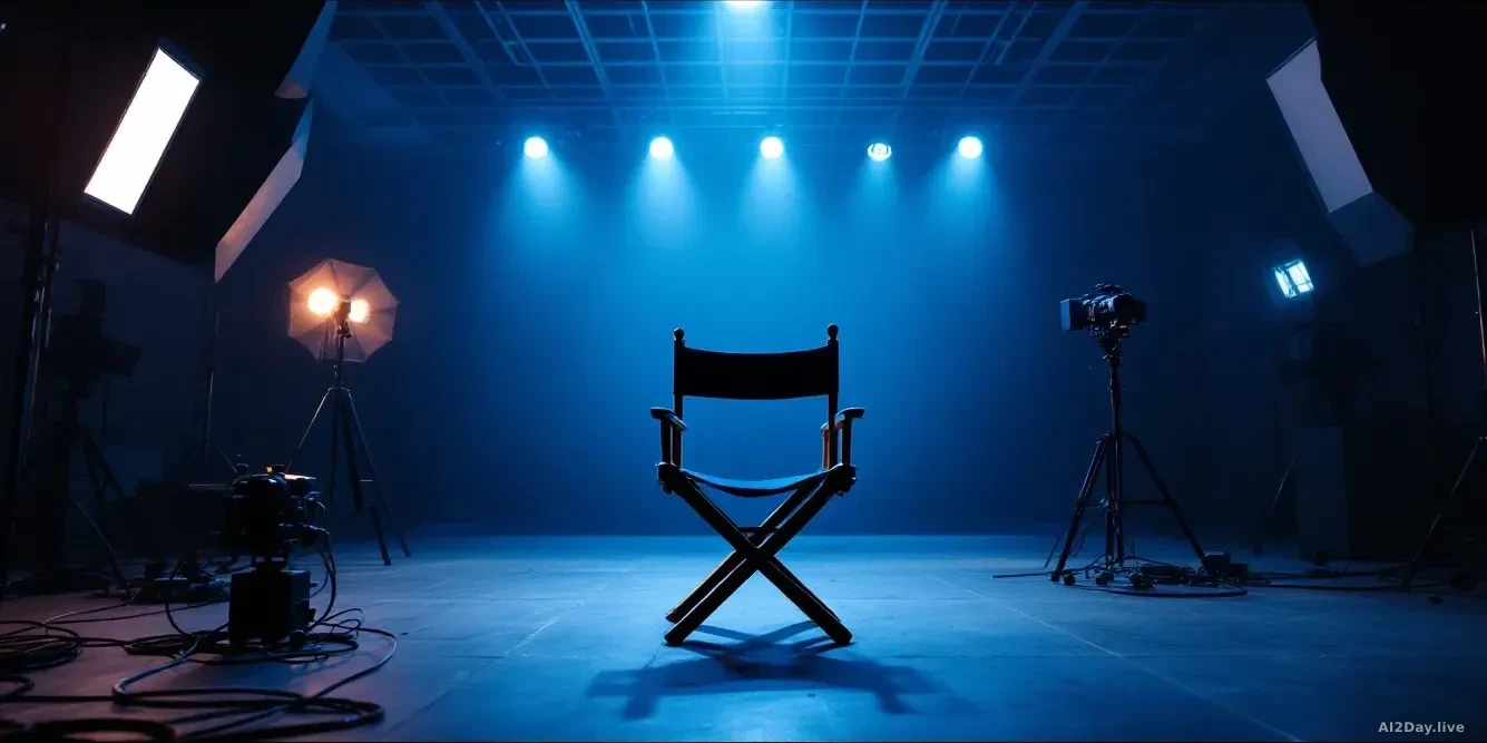 A sleek, modern film director's chair sits empty on a bare studio soundstage bathed in cool blue and amber stage lighting, surrounded by scattered cables and pr
