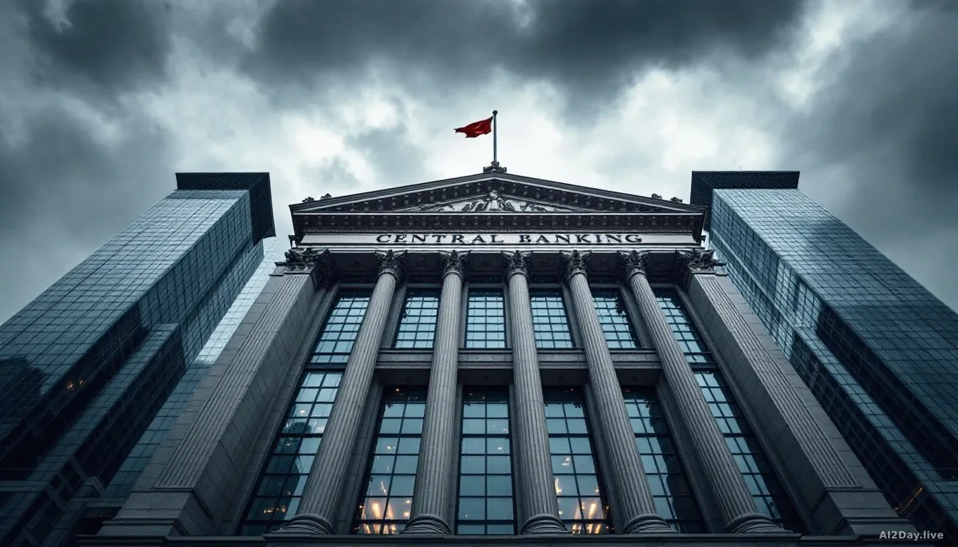 A grand neoclassical stone building facade, the kind associated with central banking, photographed from a low angle looking upward, with dramatic overcast sky a