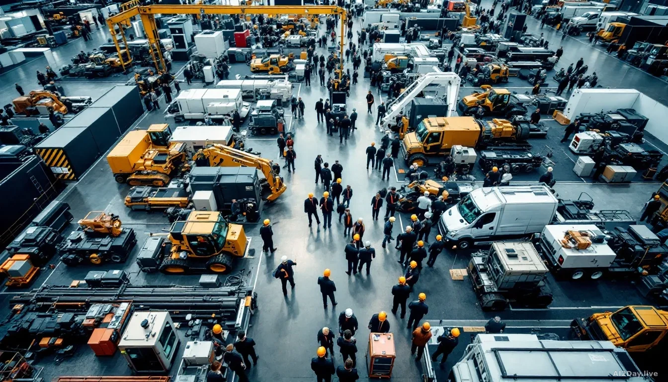 Aerial 16:9 view looking down on a large trade-show convention floor filled with industrial machinery displays, orderly booth grids, and clusters of professiona