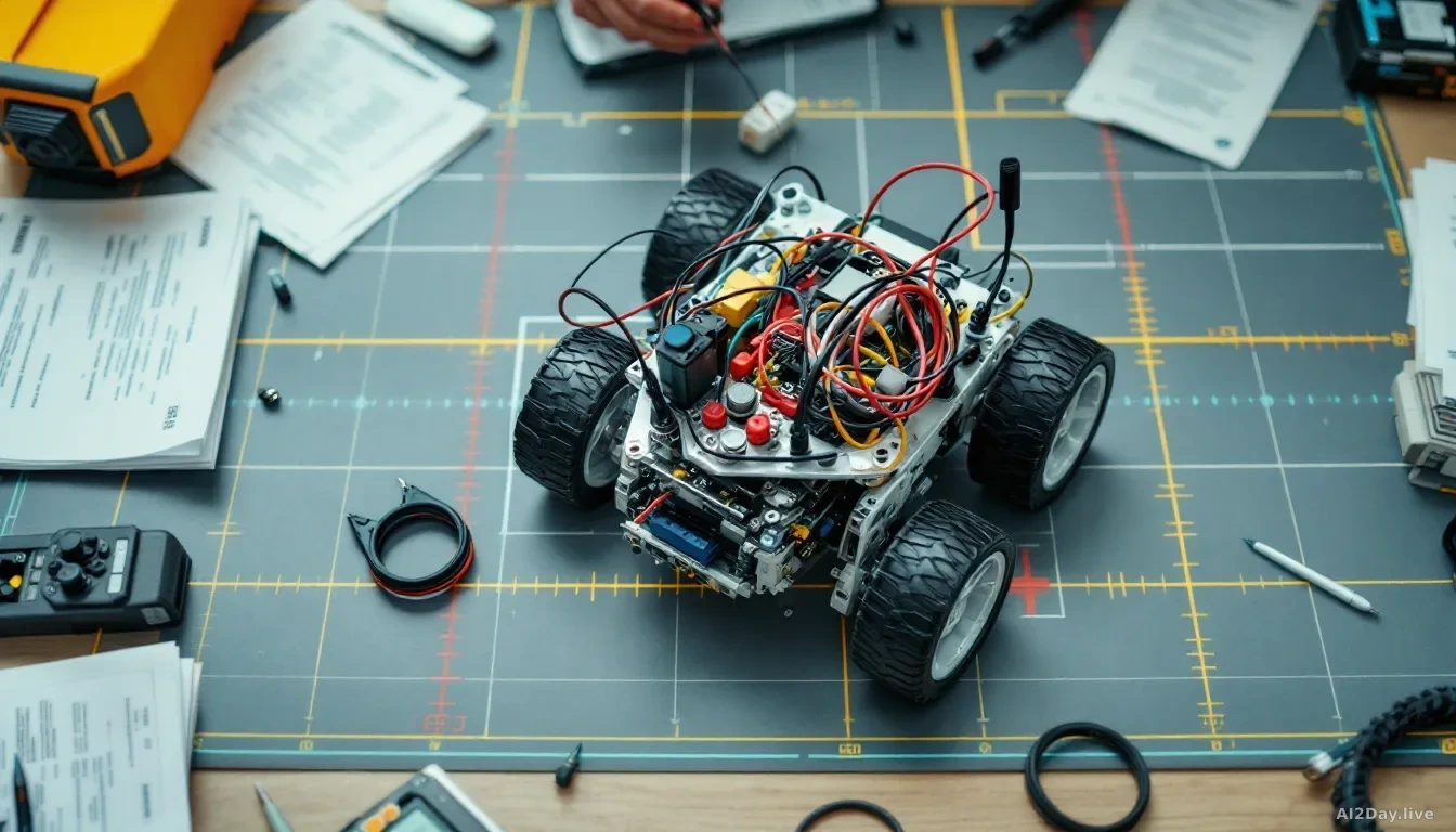 A close-up overhead shot of a small wheeled robot built from standardised components sitting on a flat competition mat with coloured grid markings, surrounded b