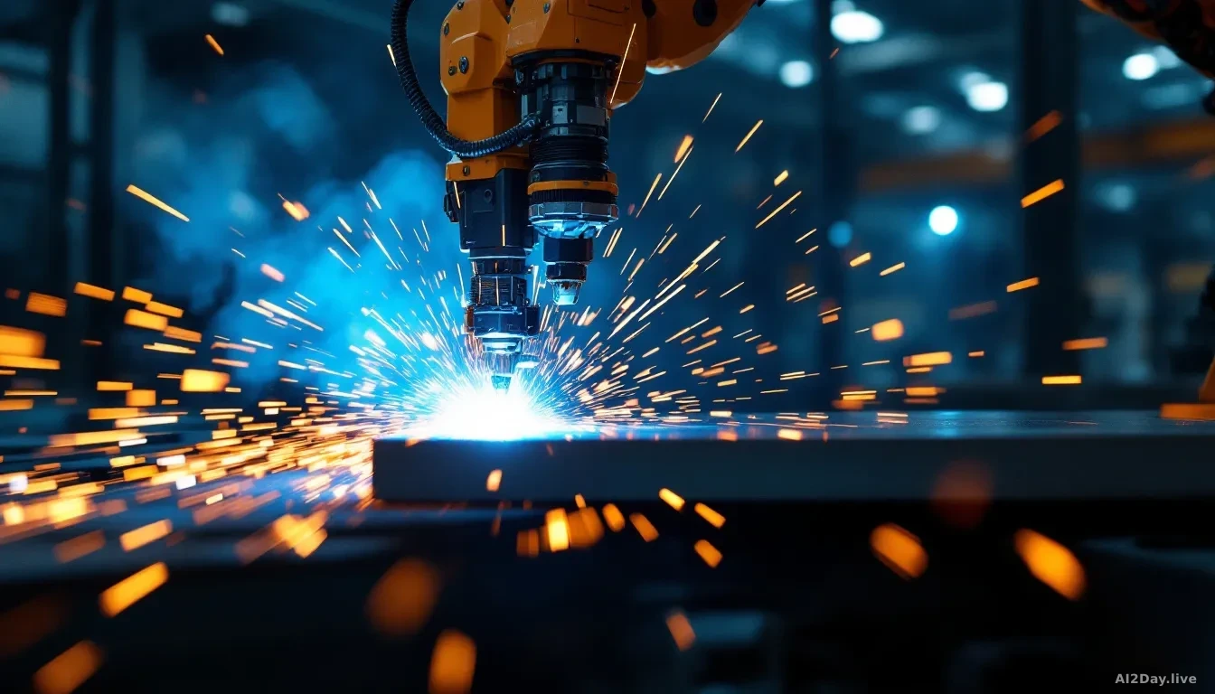 A close-up view of an industrial robotic arm performing a welding operation on a thick metal plate inside a large factory, bright orange and white sparks flying