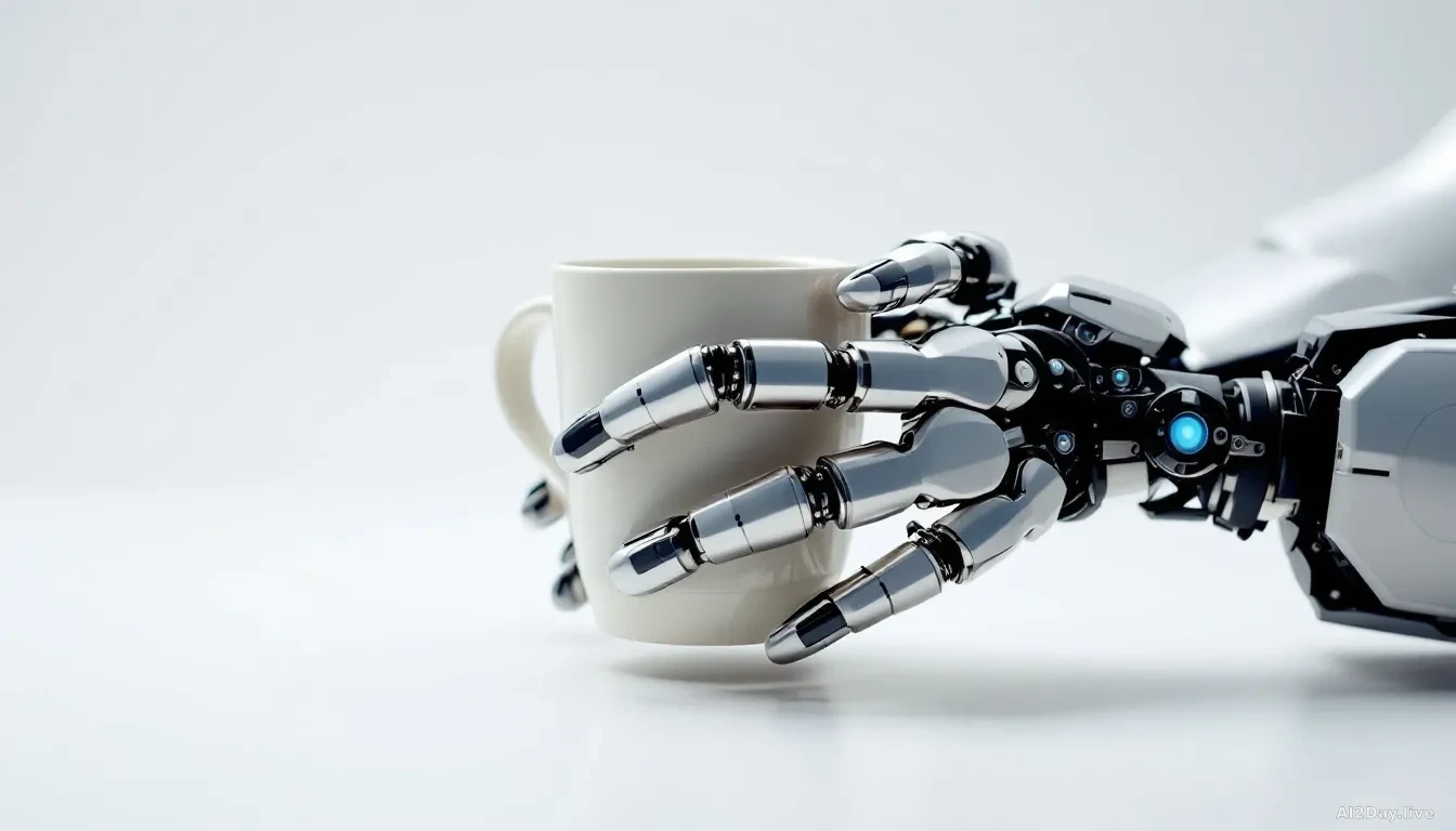 Close-up editorial photograph of a pair of mechanical robotic gripper hands delicately holding a small household object such as a ceramic mug on a plain white t