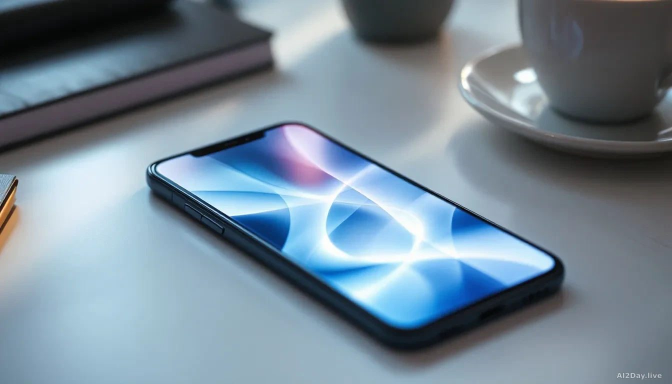 A close-up of a modern smartphone lying flat on a clean white surface, its screen glowing with a soft abstract blue and white conversational interface, no reada