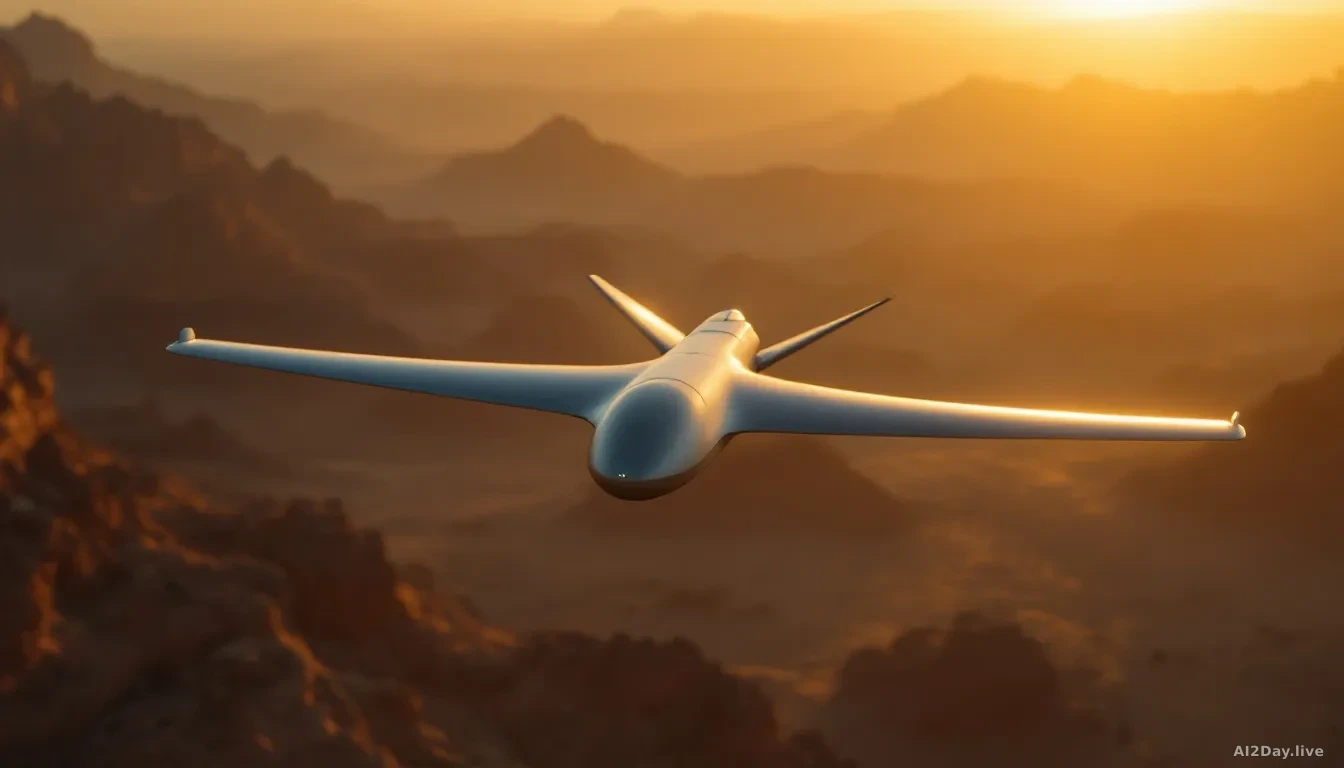 A matte-grey autonomous cargo glider drone in flight over a rugged desert landscape at golden hour, seen from slightly below and ahead, sharp foreground detail