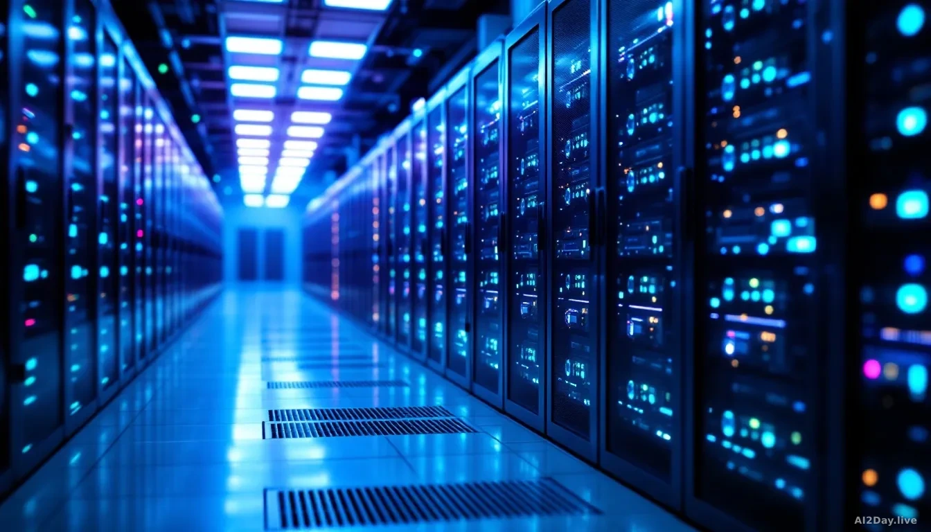 A sleek modern server room bathed in cool blue and white light, rows of glowing hardware stretching into the distance, shot from a low angle looking down a long