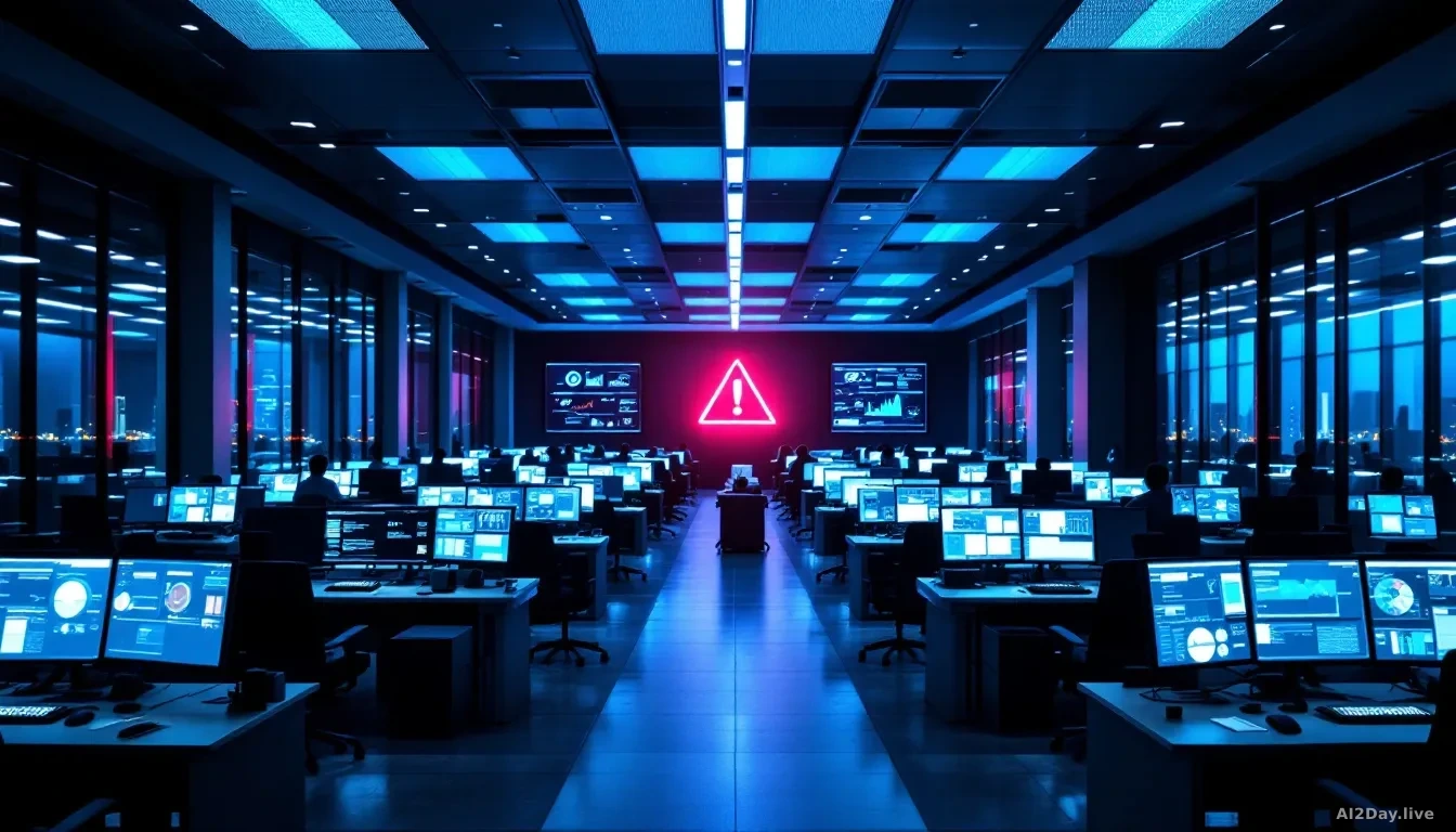A large modern open-plan corporate office at night, rows of glowing monitors displaying dense spreadsheets and dashboards, one screen showing a bright red warni