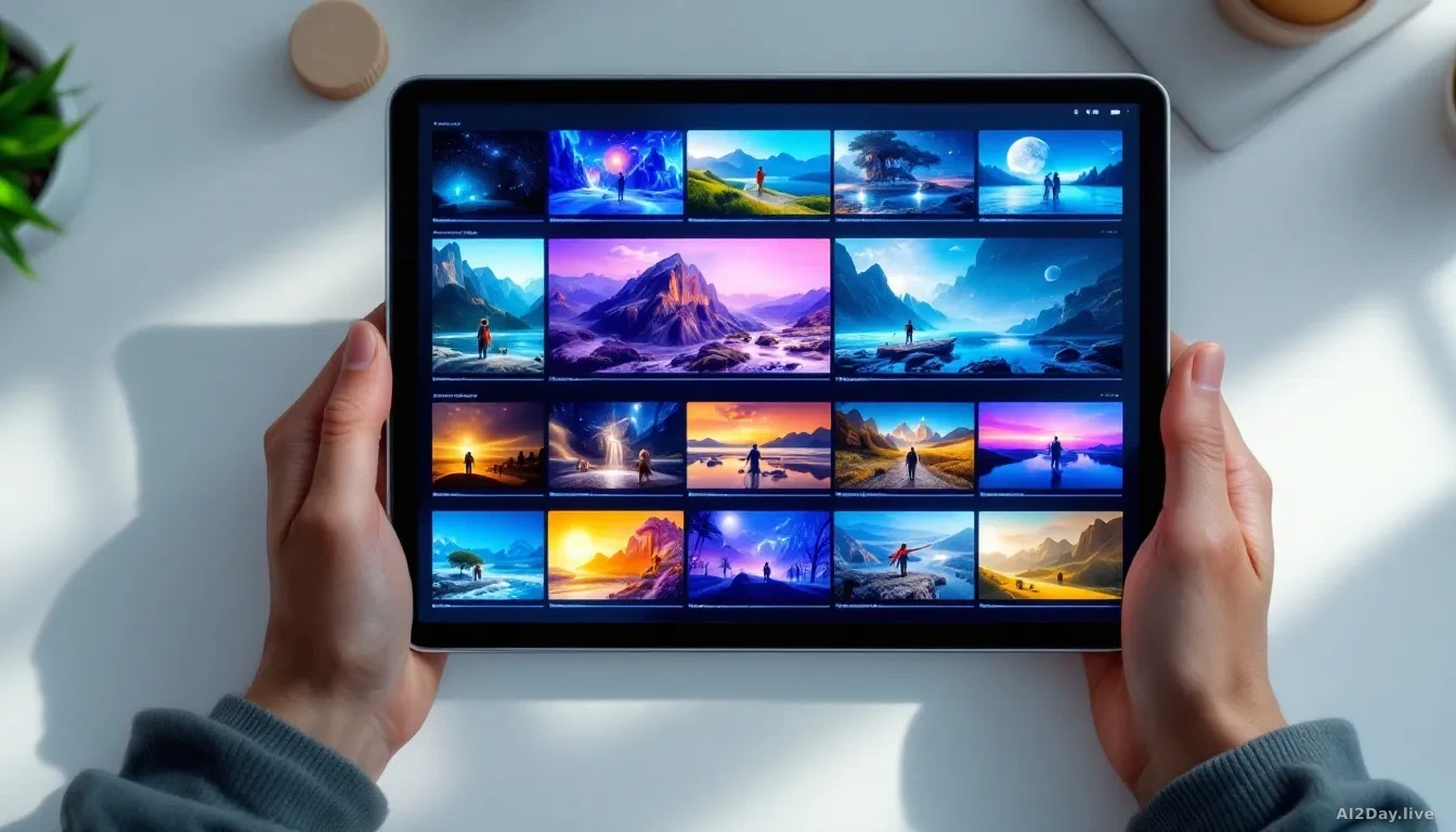 A close-up top-down view of a glowing tablet screen displaying a grid of vivid, colourful video thumbnail frames in various stages of rendering, set on a clean 