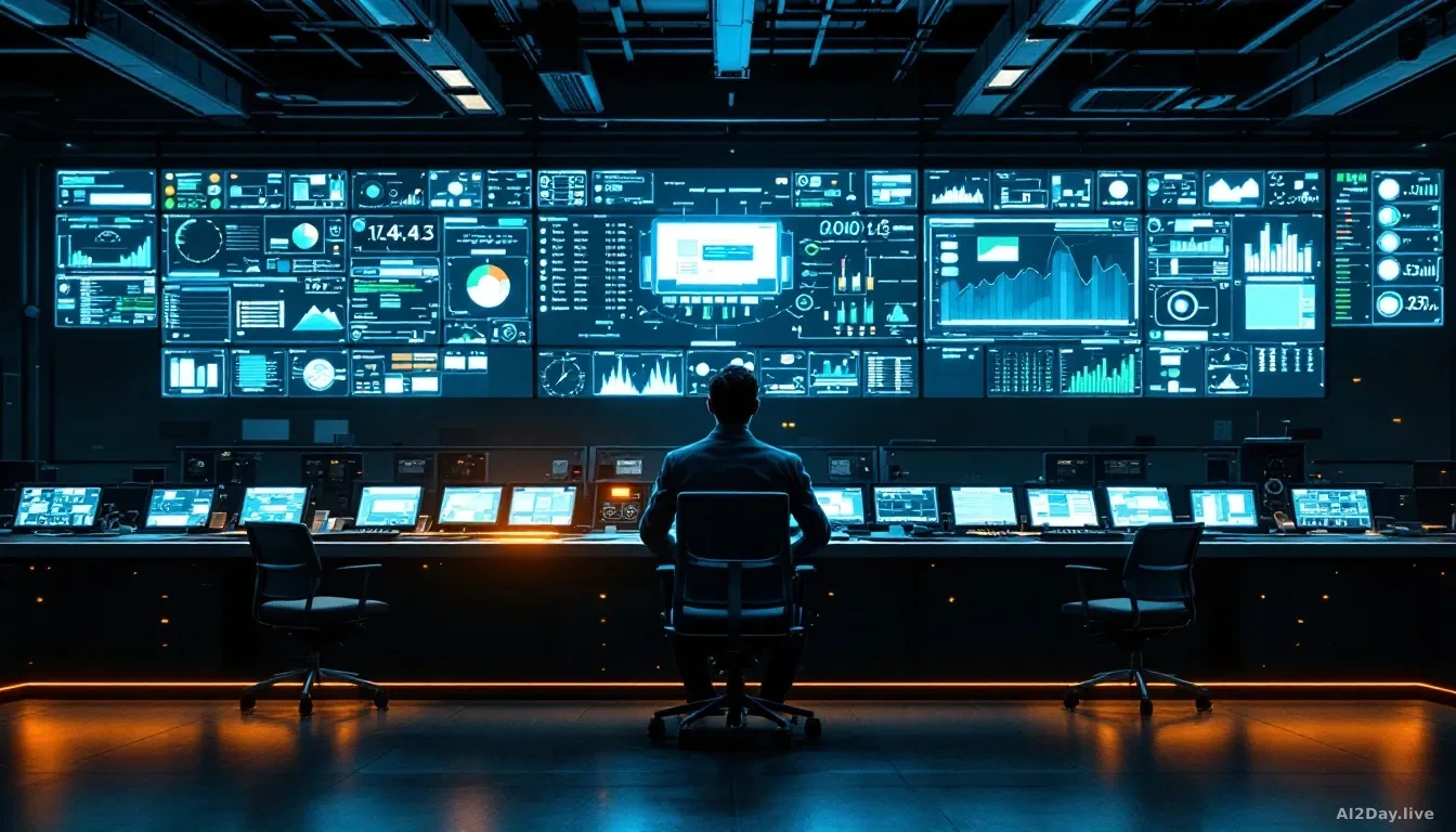 A large industrial control room with rows of glowing screens displaying abstract data flows and status dashboards, some panels showing green indicators and one
