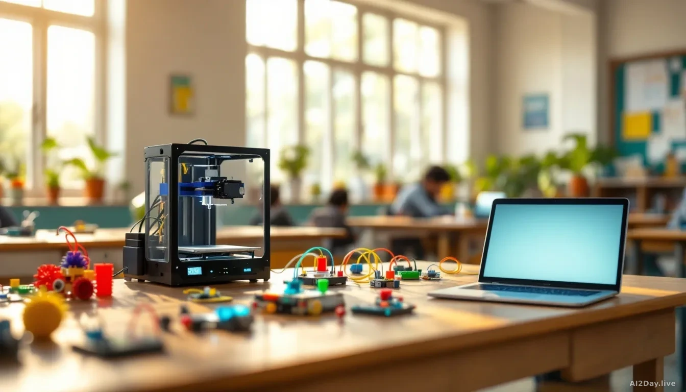 Full-frame photoreal editorial shot of a bright Indian school classroom converted into a tinkering lab, with a 3D printer, small robotics kits, sensors and colo
