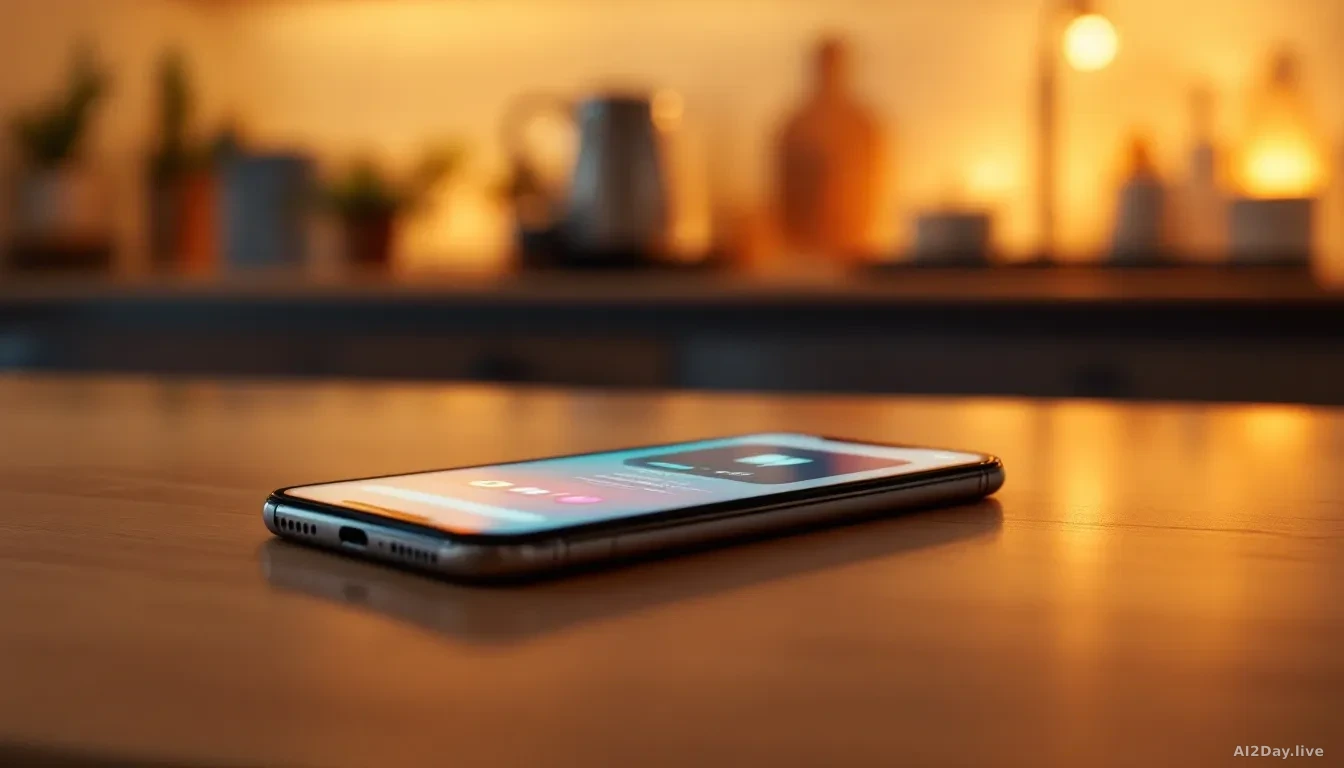 A modern smartphone lying on a wooden kitchen counter, screen glowing with a clean music app interface showing a chat conversation bubble and audio waveforms, w