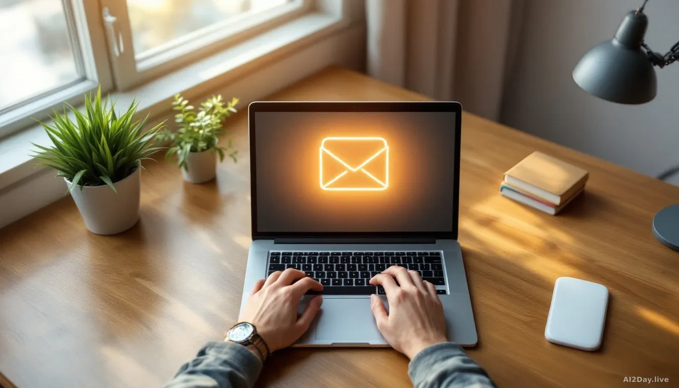 A modern desktop workspace photographed from above at a slight angle, showing a laptop with a glowing email inbox on screen, a cup of coffee nearby, warm natura