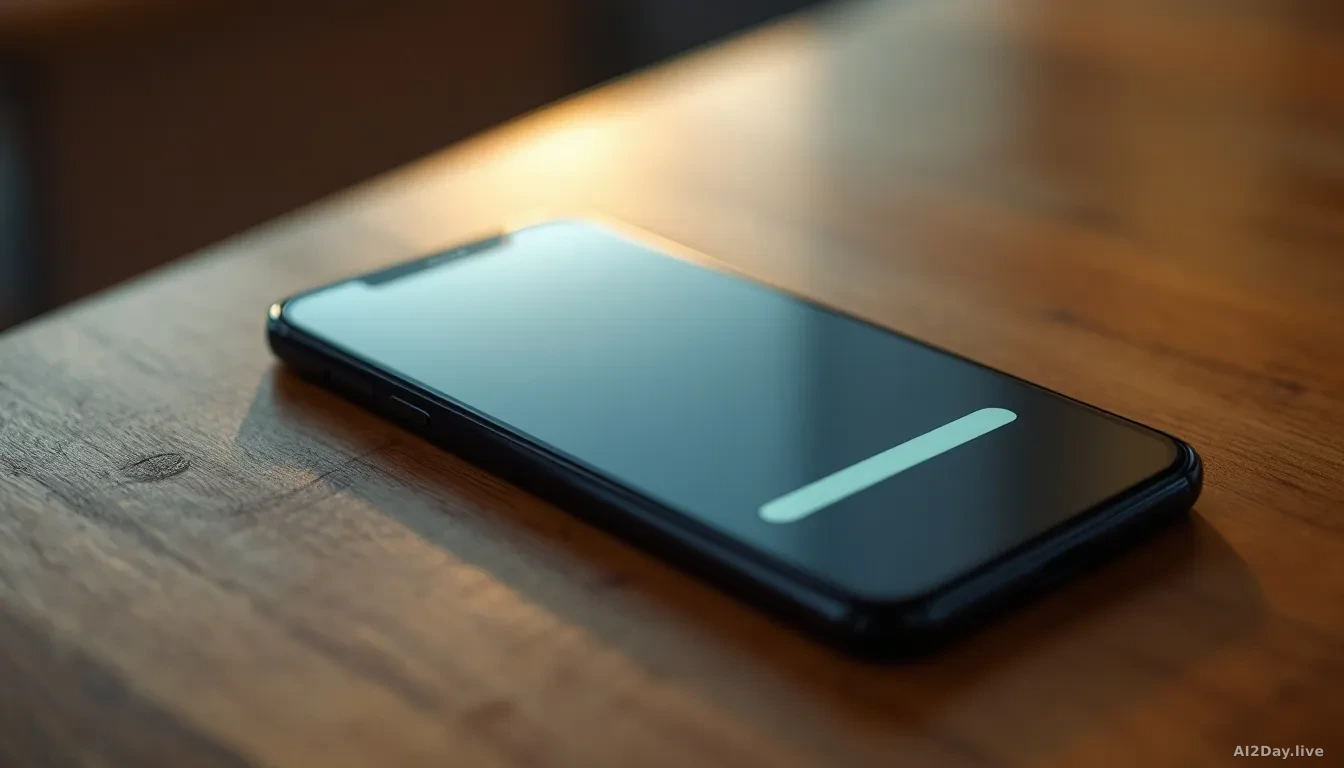 A modern smartphone lying flat on a wooden table, its glowing screen showing a minimalist music player interface with a chat text field at the bottom, soft warm