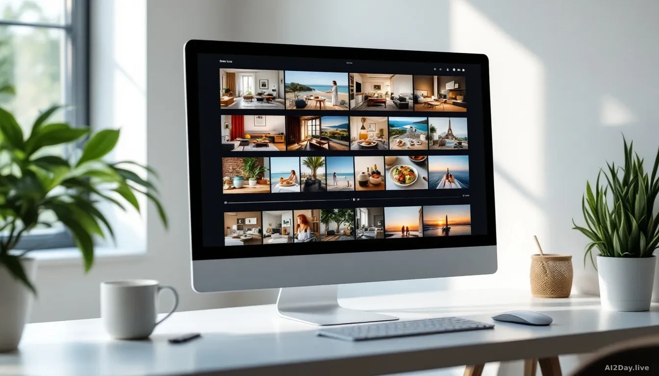 A sleek modern desktop monitor displaying a colourful, grid-style photo gallery interface with rows of lifestyle images including home interiors, food, and trav