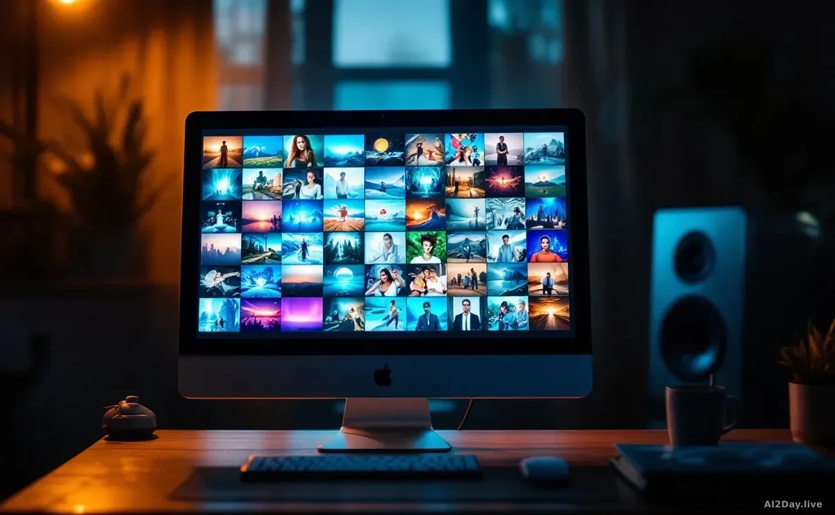 A glowing desktop computer monitor displaying a bright grid of colourful image thumbnails in a darkened room, shot from a low angle looking up at the screen, wa