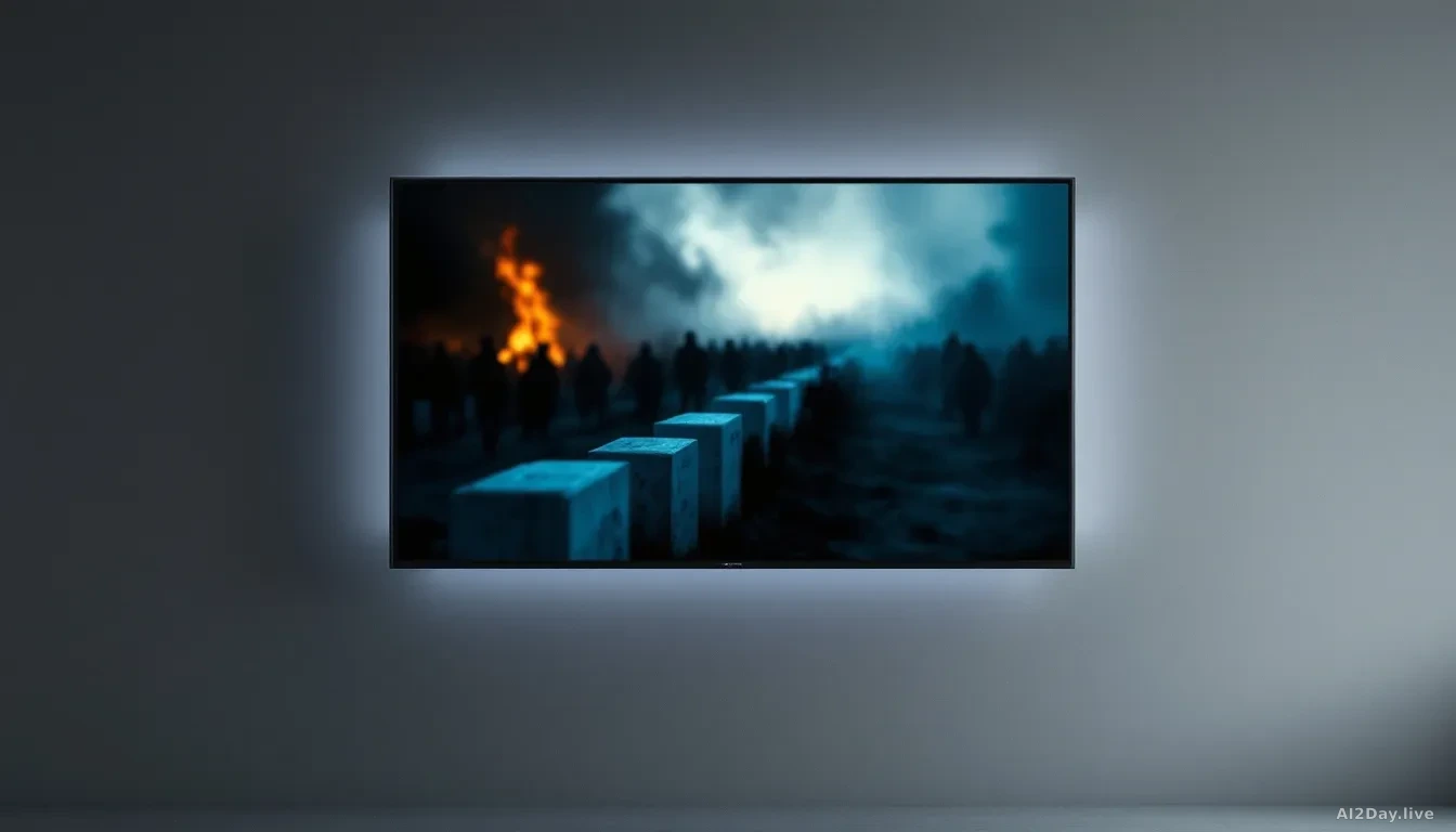 A large flat-screen television mounted on a plain grey wall displaying a dark, moody collage of abstract imagery: flickering orange light suggesting fire in the