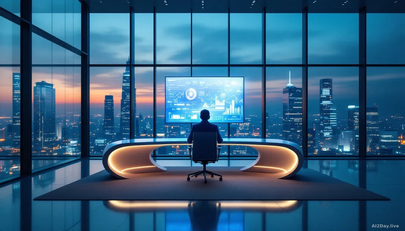 A sleek modern corporate office interior at dusk, glass walls reflecting city lights, an empty executive chair at a large curved desk with a glowing monitor sho