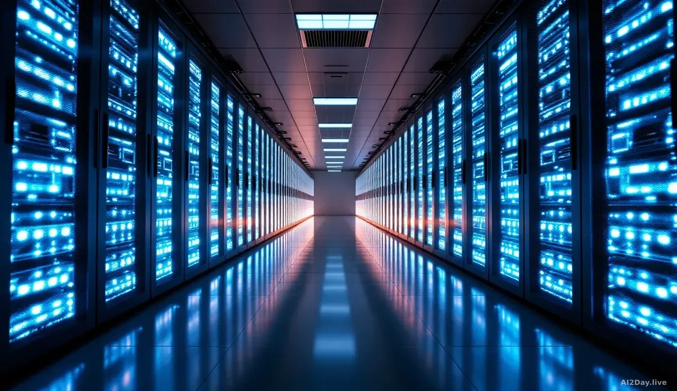 Rows of glowing server racks inside a large modern data centre, shot from floor level looking down a long corridor, cool blue and white lighting reflecting off