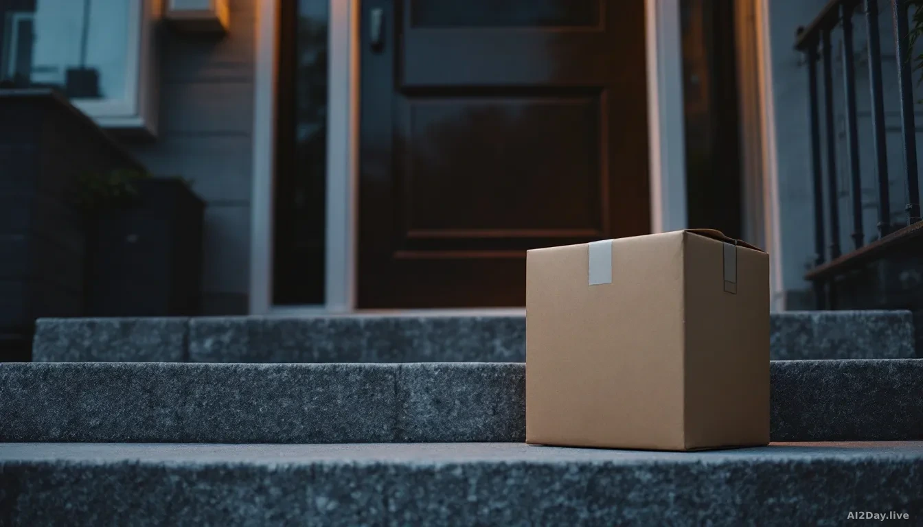 A cardboard delivery box sitting alone on a concrete apartment doorstep at dusk, the door behind it slightly ajar, warm interior light spilling out, no one pres