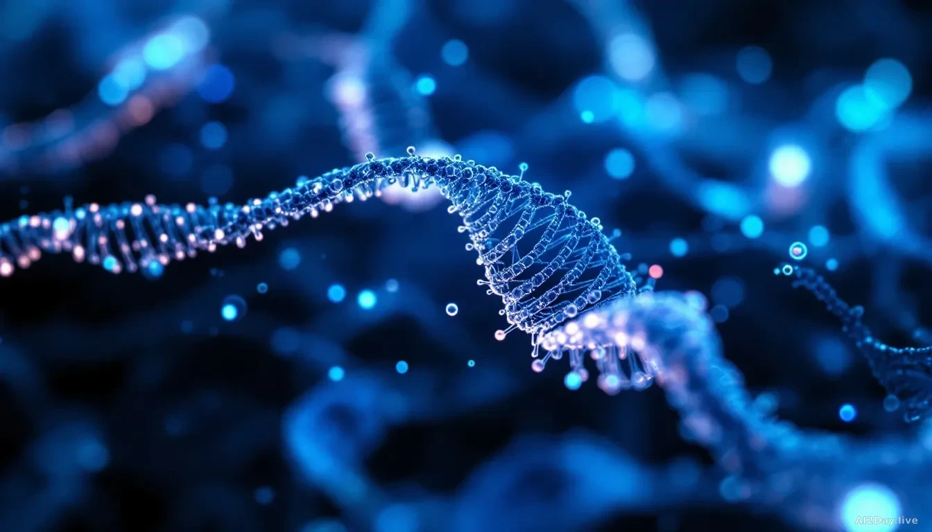 Extreme close-up macro photograph of microscopic geometric and organic shapes self-assembling from glowing double-helix strands on a dark background, editorial